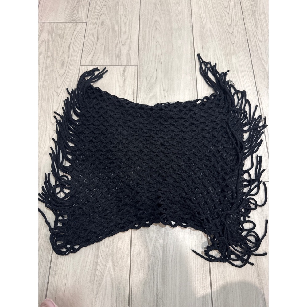 Black Pashmina Silk Blend Open Knit Crochet Fringe Shawl Wrap